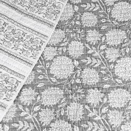 Levtex Home Adare Grey Quilted Throw - (50x60in.) - Floral - Grey White - Reversible - Cotton - color: Grey