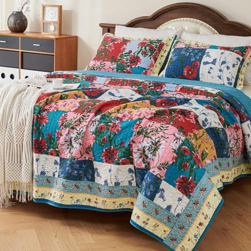 EVENHUG 100% Cotton Quilt Set King Size Floral Patchwork Bedding Sets with Pillow Shams Breathable Lightweight Bedspreads Coverlet for All Season 3 Piece (106"x96") - color: Blue, size: King