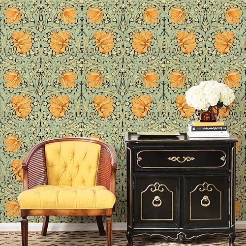 HAOKHOME William Morris Style Wallpaper Floral Orange 17.3in x 32.8ft | Long Peel and Stick Textured Wall Paper Renter Friendly Removable Black Green Yellow Floral Bathroom Bedroom Contact Paper - color: Green/Yellow/Black, size: L: 17.3in x 32.8ft