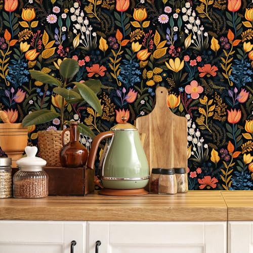 Vintage Dark Wildflower Floral Wallpaper Peel and Stick Botanical Wallpaper 17.7"x160" Removable Prepasted Boho Floral Contact Paper Wall Mural Black Flower Wall Paper for Bedroom Bathroom