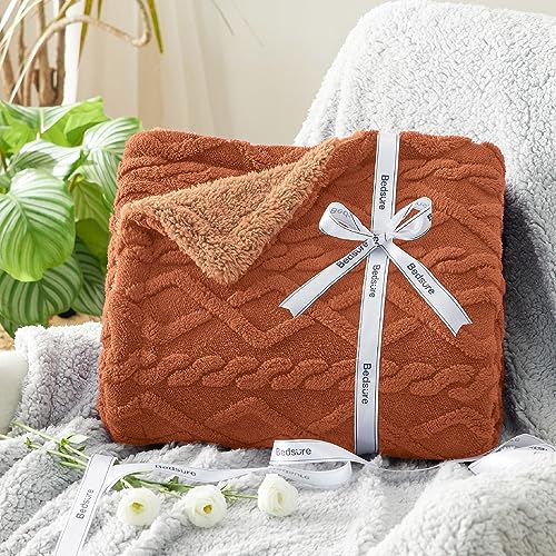 Bedsure Gentlesoft Sherpa Fleece Blanket Twin Size for Bed - Fluffy & Cozy Cable Jacquard Tufted for Women Gift, Thick and Warm Christmas Blanket for Winter, Orange, 60x80 Inches | Ultra-Soft, Cozy, Fuzzy for Fall, Winter, Ideal for Couch, Living Room, Gi