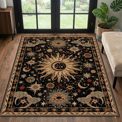 Vacuum-Friendly, 3x5 Washable Area Rug, Black Gold Beige Red | Sun and Moon Boho Gothic Non-Slip Low Pile Living Roon Bedroom Dining Room Kitchen Entry Entryway Entrance Hallway Doormat - color: Black/Gold/Beige/Red, size: 3' x 5' (Rectangular)