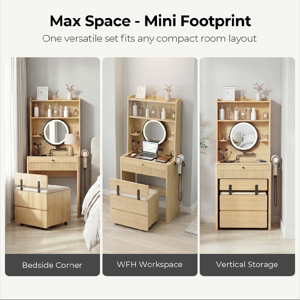 IRONCK Small Vanity Desk with LED Mirror, Glass Top & Storage Stool | 26-inch oak vanity with adjustable mirror arm, 3 light modes, 2 drawers, charging station, and tuck-away storage stool.