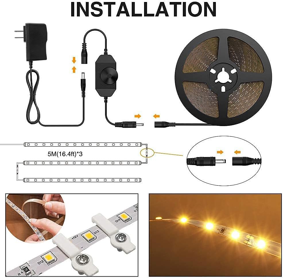 Onforu Warm White LED Strip Lights, 49.2ft 3000K Warm White Dimmable Strip Lighting, 2835 LEDs Tape Light, Flexible Ribbon Light for Kitchen Cabinet Bedroom Wardrobe,15m 12V Adhesive Rope Light