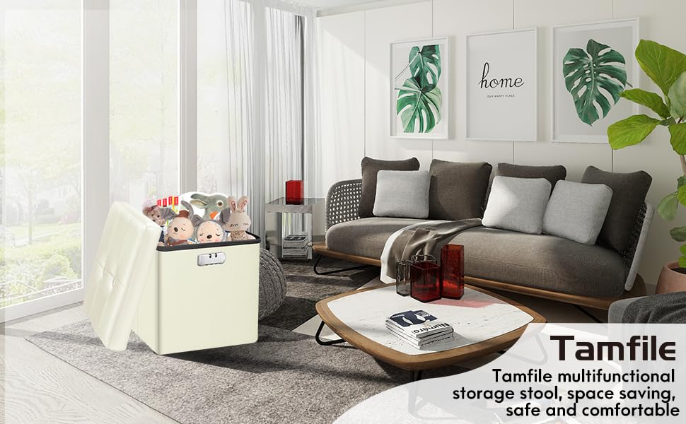 Tamfile Small Ottoman with Storage, 13 x 13 x 13 inch Fireproof Safe Folding Ottoman with Lock for Important Documents, Waterproof Foot Rest Stool with Storage, Ottoman Foot Rest with Handle, Beige