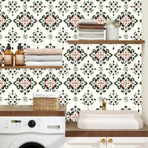 BOKEBEVE Boho Floral Peel and Stick Wallpaper Beige Green 17.5 x 393.5In | Extra Long Symmetry Contact Paper Modern Wall Paper for Bedroom Accent Walls Laundry Nursery Pantry Renter Friendly Removable - color: Beige/Yellow/Green, size: 17.5" x 393.5"