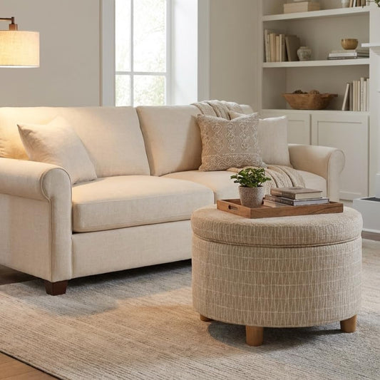 HomePop 24" Large Round Storage Ottoman - Tan Geometric Pattern - color: Tan Geometric Pattern