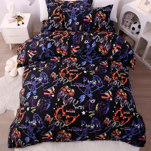 JSD Black Gaming Kids Duvet Cover Set Twin Size | 2 Piece Soft Printed Microfiber Duvet Cover with Pillow Sham Zipper Closure, Comforter Not Included, Oeko-Tex Certified - color: Black Gamer, size: Twin