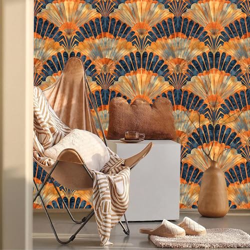 MuralPeel Orange Navy Geometric Mosaic Scale Vintage Peel and Stick Wallpaper Self Adhesive Removable Easy Peel Off Stick on Wall Paper for Bedroom Cabinet Renter - color: Orange/Navy, size: 17.7" x 118.1"