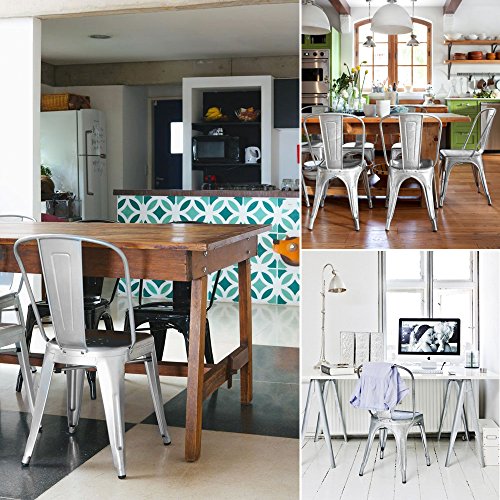Devoko Metal Indoor-Outdoor Chairs Distressed Style Kitchen Dining Chairs Stackable Side Chair with Back Set of 4 (Silver) - color: Silver