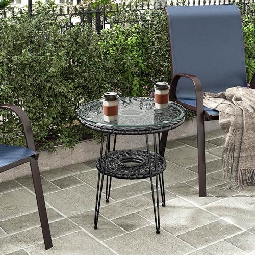 Furniture of America Ysar Boho 19-inch Round Coffee Table Outdoor with Tempered Glass Top and Metal Frame, Handcrafted Coastal Furniture for Patio, Poolside, Garden, Yard, Black - color: Black/19 In.