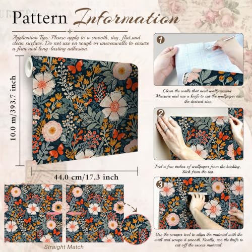 Peel and Stick Wallpaper17.3 X393.7 in, Dark Floral Leaf, Vintage Self-Adhesive Removable Wall Mural, Waterproof Accent Easy to Install for Living Room Bedroom Kitchen Walls - color: Pink Orange Flora, size: 17.3"X393.7"