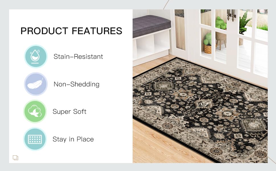 Washable Hallway Runner Rug 2x6: Non Slip Runner Rugs with Rubber Backing | Soft Kitchen Rug Farmhouse Distressed Carpet Runner for Living Room Bedroom Bathroom - Black and Green Rug Stain Resistant - color: Black, size: 2' x 6' (Rectangular)