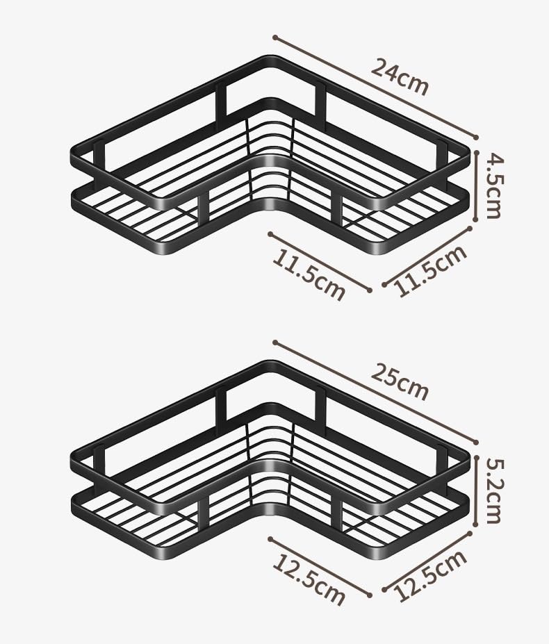 Corner Shower Caddy, Black Stainless Steel, No-Drill Wall Mount Storage Rack, 2 Pack, Wave Design, 9.8 Inch, Rust Resistant, Bathroom Organizer with Hooks