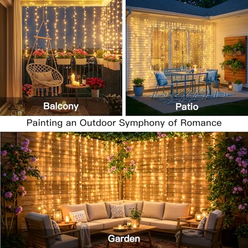 200 LED Curtain Lights Fairy Lights with Remote Bedroom 6.5x6.5ft | Warm White,USB Powered , IP44 Waterproof Indoor Outdoor Decor for Christmas Wedding Backdrop - color: Warm White, size: USB-200 LED