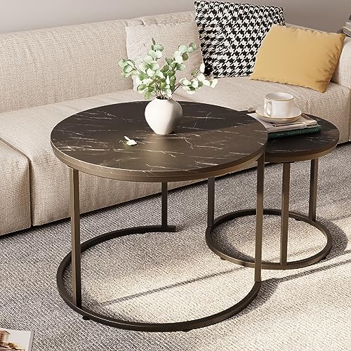 aboxoo Round Nesting Coffee Table Side Set of 2 End Tables for Living Room Bedroom Balcony,Black Faux Marble Wooden Table 23.6IN Accent Large Coffee Table with Steel Frame - color: Black Marble