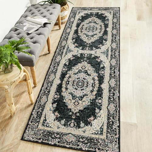 Washable Runner Rug 2x6,Black Rug Runners Non Slip,Long Boho Rugs for Hallways Kitchen Bedroom Entryway Living Room Bathroom,Vintage Bohemian Distressed Floor Carpet,Floral - color: Black, size: 2'x6'