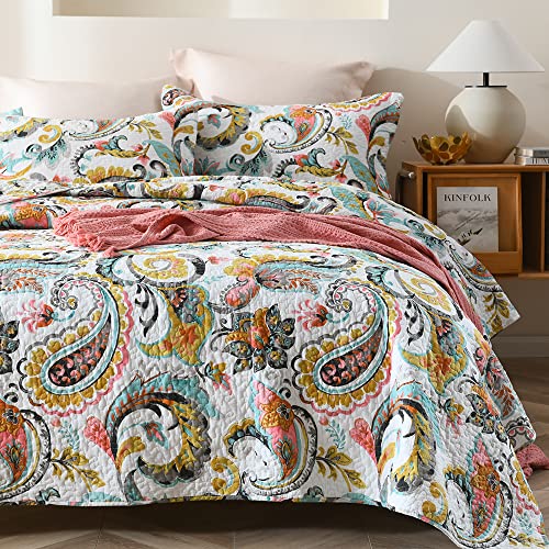 Autumn Dream Cotton Bedspread Quilt Sets, 3 Pieces Reversible Comforter Coverlet Sets,White Floral Paisley,King Size - color: White Floral Paisley, size: King (96by108 inch)