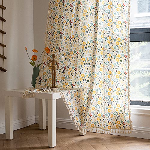 Deeprove Boho Cotton Linen Handmade Tassel Curtain 1 Panel, Farmhouse Yellow Florals Print, Rod Pocket Semi Blackout Rustic Bohemian Country Style Window Treatment for Bedroom, 59''W x 84''L - color: Yellow Chamomile Florals, size: 59"W x 84"L (Pack of 1)