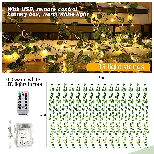 Unittype 15 Pcs 6.6 ft 300 LED Fake Ivy Vines with Lights,Eucalyptus Leaf | String Fairy Light Curtain for Bedroom, Artificial Hanging Vines Plant Garland with Light, for Wall Outdoor Indoor Room Decor - style: Eucalyptus Leaf