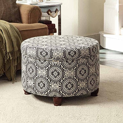 Homepop Home Decor | Upholstered Round Storage Ottoman | Ottoman with Storage for Living Room & Bedroom, Black and White Medallion Large - color: Black and White