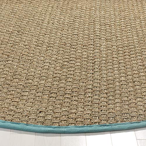 Safavieh Area Rug 4' Round - Natural Fiber Collection - Natural & Teal, Seagrass, Basketweave Pattern with Border (NF114R) - color: Natural/Teal, size: 4' (Round)