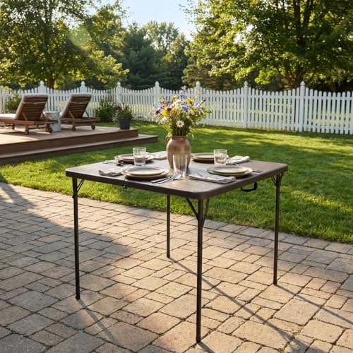 34" Square Folding Table for 4 Person, 330lbs Weight Capacity Foldable Table with HDPE Tabletop & Heavy-Duty Steel Legs, Portable Picnic Table for Indoor Outdoor Parties, Camping, Coffee Woodgrain - color: Coffee Woodgrain