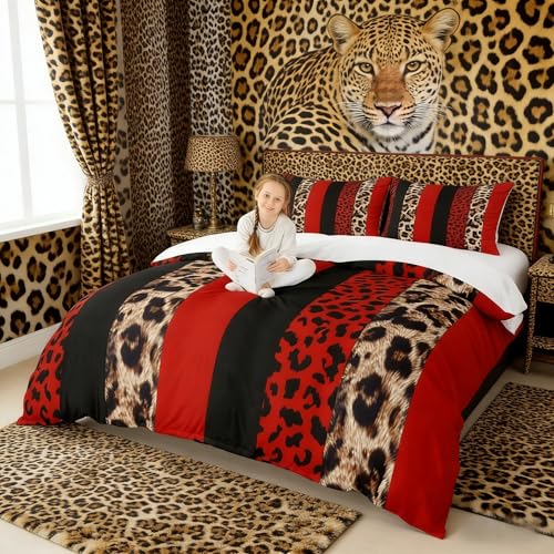 Leopard Print Kids Duvet Cover Set Queen Size,Cheetah Skin Fashion Bedding Set,Girls Boys Adults Room Decor,Geometric Stripes Patchwork Comforter Cover,Red Black Brown Quilt Cover,2 Pillowcases - color: A-leopard 02, size: Queen 90"x90"