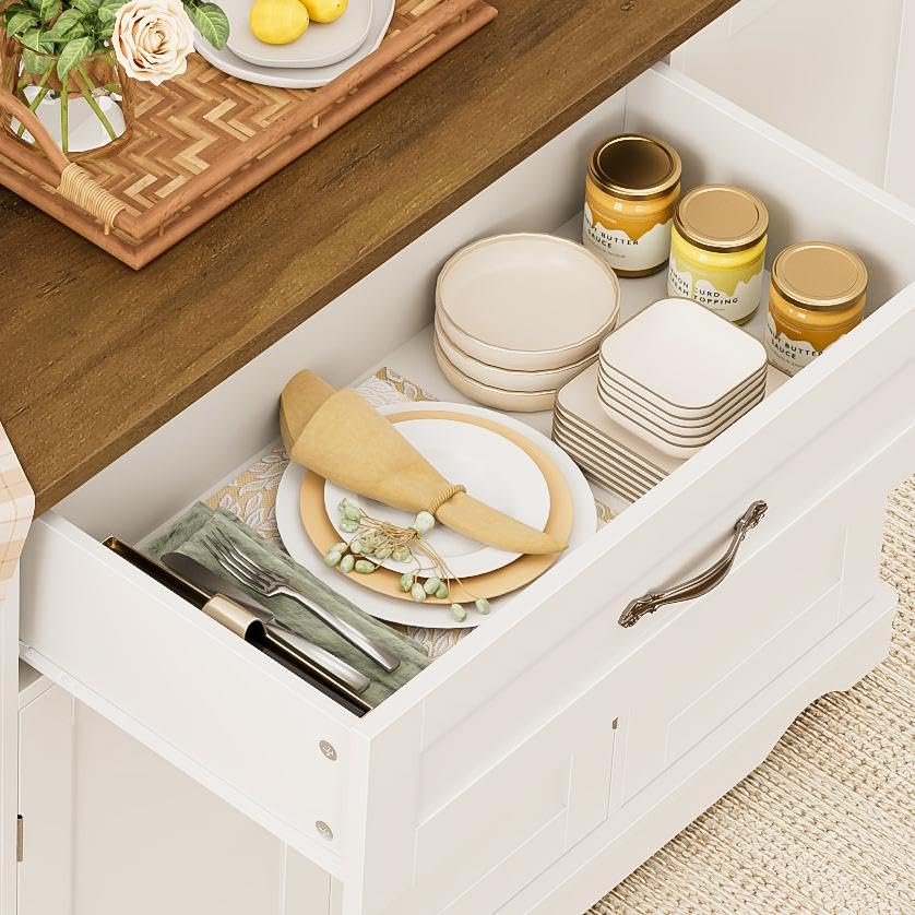 HOSTACK 47" W Kitchen Island Cart with Storage, Rolling Island Table, White | Mobile Kitchen Storage Islands on Wheels with 2 Drawers, Adjustable Shelves, Movable Buffet Cabinet for Dining room - style: White + Rustic Brown