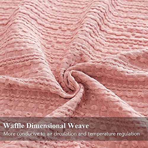 Simple&Opulence 100% Cotton Throw Blanket for Couch, Bed, Waffle Weave Cable Knit Blanket with Tassels, Soft Lightweight Pre-Washed Breathable Cozy Blanket Farmhouse Decoration for All-Season (Pink) - color: Coral Pink