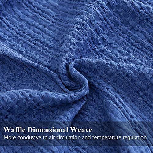Simple&Opulence 100% Cotton Throw Blanket for Couch, Bed, Waffle Weave Cable Knit Blanket with Tassels, Soft Lightweight Pre-Washed Breathable Cozy Blanket Farmhouse Decoration for All-Season (Blue) - color: Blue