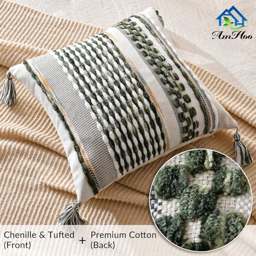Chenille Striped Textured Boho Throw Pillow Covers Aesthetic with Tassels Woven Decorative Pillow Case for Couch Bed Sofa Bedroom Modern Funky 18 x 18-Inch Sage Green - color: Sage Green, size: 18" x 18" (Pack of 1)