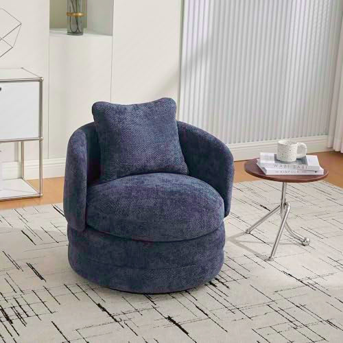360° Small Swivel Accent Chair, Round Swivel Barrel Chair with Round Backrest & Wide Seat, Comfy Chenille Barrel Chairs for Living Room, Bedroom Easy 15-Min Assembly, Boucle (Navy) - color: Navy