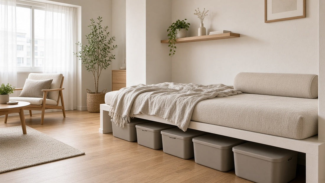 Lidded storage bins arranged under a studio bed with a clear vacuum path