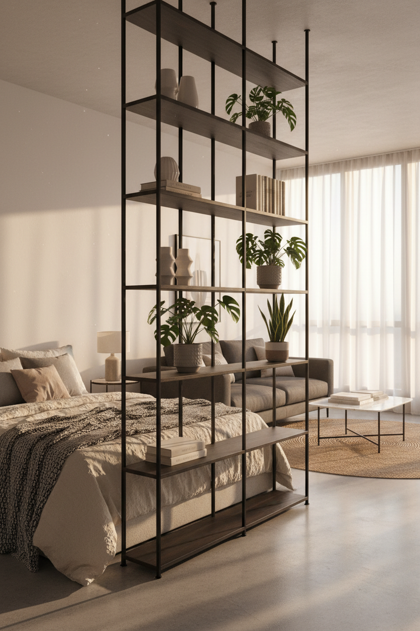 How to Use Open Shelving as a Stylish Studio Apartment Room Divider