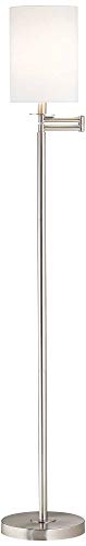 360 Lighting 60 1/2" Tall Drum Shade Brushed Nickel Swing Arm Floor Lamp | Modern Adjustable Standing Base 5 Silver White Cotton Fabric Cylinder for Living Room Reading House Bedroom - color: MM White Shade