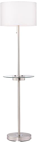 360 Lighting Caper 60 1/2" Tall Tray Table USB Floor Lamps Set of 2 | Modern 5 with and AC Power Outlet Brushed Nickel White Fabric Drum Shades Living Room Reading House Bedroom - color: Silver