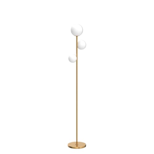 Fiqevs 3 Globe Floor Lamp Mid Century Modern, Gold Standing Lamp with Frosted Glass Shade & LED Bulbs, Tall Pole Light with Foot Switch for Living Room Bedroom Office - Antique Brass - color: 3 Globe- Gold