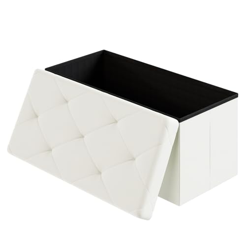 DUMOS 30 Inch Folding Ottoman with Storage Bench, Foot Rest Stool Ottoman | Upholstered End of Bed Storage Bench, Storage Ottoman Loads 660 Lbs for Bedroom, Living Room, Synthetic Leather, Beige - color: Beige, size: 15.2"D x 30"W x 15.2"H