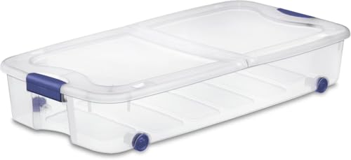 Large storage box, 66 quart transparent under-bed storage box equipped with locking lid and wheels, blue.