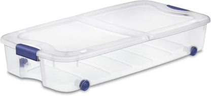 Large storage box, 66 quart transparent under-bed storage box equipped with locking lid and wheels, blue.
