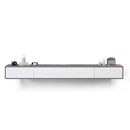 Floating TV Stand In Solid Wood Media Console Centre Floating shelves with doors and drawers Wall Mounted TV Cabinet Easy to assemble Suitable for living room and bedroom(Gray+white,140x24x20cm - color: Gray+white, size: 140x24x20cm