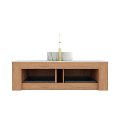 48" Floating Bathroom Vanity with Sink, Wall Mounted Plywood Cabinet, Natural Wood Grain Fluted Front, Sintered Stone Countertop, White Marble-Look Ceramic Vessel Sink, Soft-Close Drawer - color: Natural Oak Cabinet / White Marble Sink, size: 48 Inch