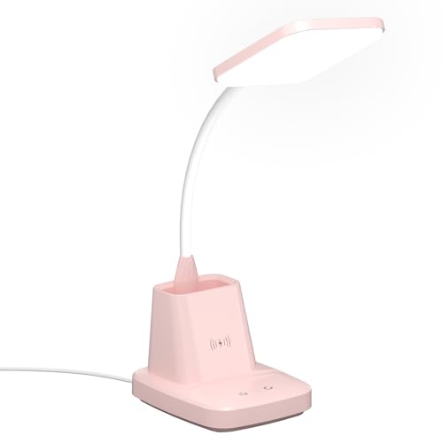 LED Desk Lamp with 10W Wireless Charging & Pen Holder, Pink | CRI 95, 800LM, Stepless Dimming, 3 Modes, 360°Flexible Arm, Touch, Study Table Lamp for Home Office, Dorm Room, with Adapter - color: Pink