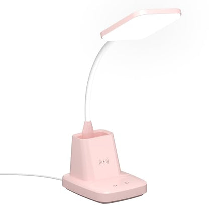 LED Desk Lamp with 10W Wireless Charging & Pen Holder, Pink | CRI 95, 800LM, Stepless Dimming, 3 Modes, 360°Flexible Arm, Touch, Study Table Lamp for Home Office, Dorm Room, with Adapter - color: Pink