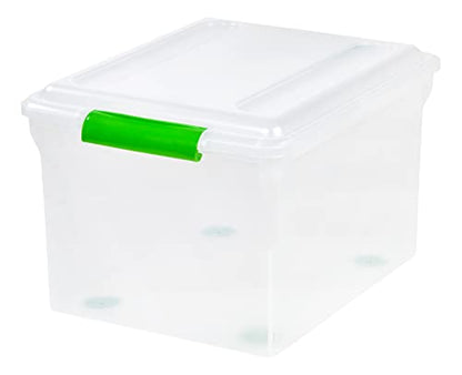 IRIS USA 4-Pack 35 Qt. File Box Organizer with Lid, Clear | Organize classroom documents, lesson plans and teaching materials with secure storage for teachers, schools and educators - style: Clear/Green - 4 Pack