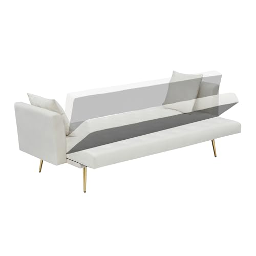 71" Modern Velvet Sofa Bed Futon, Convertible Sleeper Couch, Adj. Backrest | Tufted Recliner Loveseat Design with Golden Chrome Legs & 2 Pillows, Perfect for Small Spaces, Living Room, Apartment - color: Beige