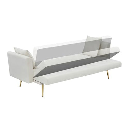 71" Modern Velvet Sofa Bed Futon, Convertible Sleeper Couch, Adj. Backrest | Tufted Recliner Loveseat Design with Golden Chrome Legs & 2 Pillows, Perfect for Small Spaces, Living Room, Apartment - color: Beige