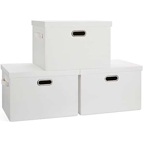 Storage Bins with Lids Fabric Closet Organizers Cubes Office Organization | 36 Quart 3 Pack White Collapsible Stackable Linen Fabric 4 Handles Bedroom Closet Cabinet Under Bed Clothes Toy Office File - color: White, size: Large -3 Pack