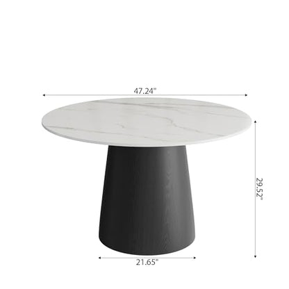 47" Round Dining Table for 4, Sintered Stone Top Solid Wood Pedestal, Snowy White+Black (Table Only) - color: Snowy White+black, size: 47"